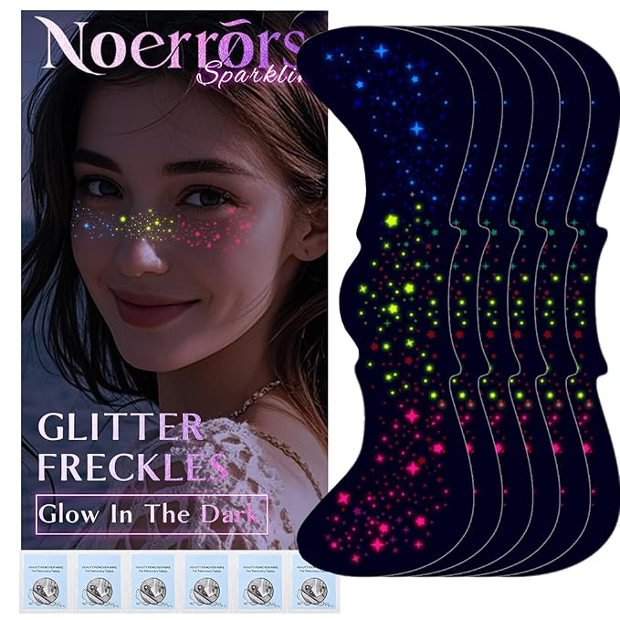 6pcs Rainbow Freckles Face Tattoo Sticker Glow under UV Light Blacklight in the Dark, Neon Fluorescent Glitter Colorful Star Fake Faux Freckle Temporary Patches Makeup for Party Supplies #02