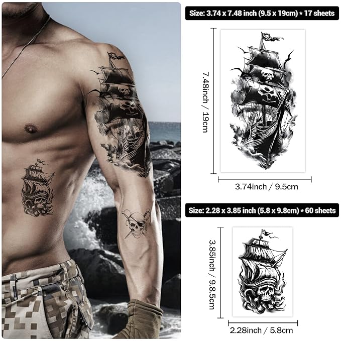 77 Sheets Pirate Temporary Tattoos Adult,Captain Anchor Compass Sailboat Tattoos, Pirate Ships Flag Skull Crossbones Sailor Fake Tattoo for Costume, Halloween Fake Arm Tattoos for Men Women Kids