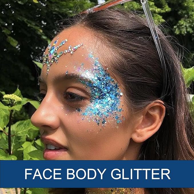 Body Face Glitter Makeup for Kids Women, Sparkly Chunky Hair Glitter, Mermaid Birthday Decorations Rave Outfits for Women (Blue Body Glitter)