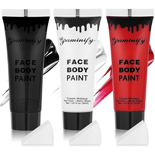 Black White Red Face Body Paint 1.01 oz/pc with 3 Sponges,Water Based Face Paint Kit for Clown Joker Devil Vampire Skeleton Cosplay Makeup,Halloween SFX Makeup Cream Face Painting,3.03 oz