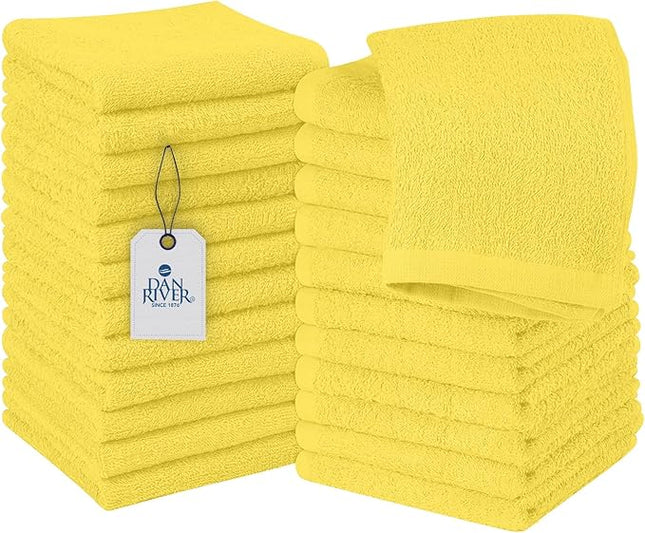 DAN RIVER 24 Pack Wash Cloths for Showering [12x12] - 100% Cotton Washcloths Premium Quality Flannel Face Cloths for Bathroom, Highly Absorbent and Soft Feel Wash Clothes, Yellow