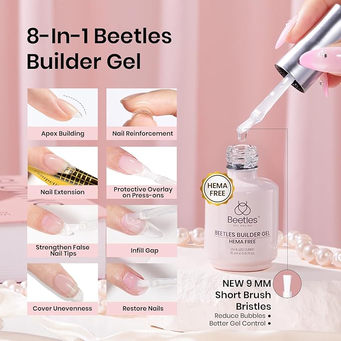 Beetles 4Pcs HEMA-Free Nail Extension Kit, 15ml Gel Nail Glue, No Wipe Top Coat, Builder Nail Gel & Liner Brush, Long Lasting for Clear Press-On Nails, DIY Home Gift for Women, U V Light Required