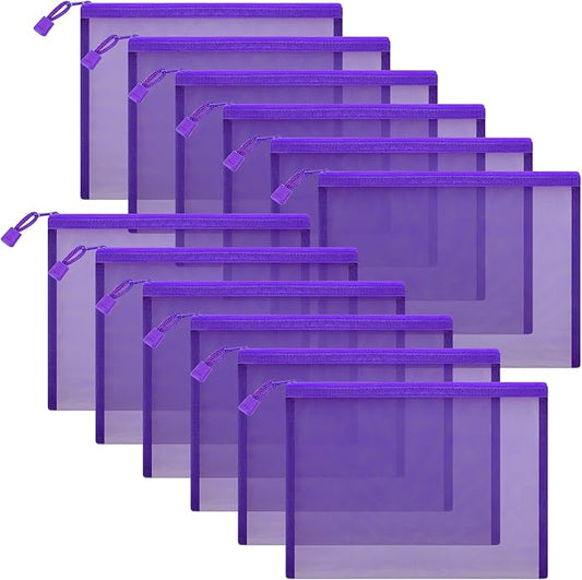 12 Pieces Zipper Nylon Mesh Pouch, Mesh Cosmetic Bags Makeup Bags Pencil Case, Multipurpose Travel Bags for Cosmetic School Office Supplies and Travel Accessories (Purple, A5)