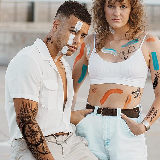 Yazhiji 32 Sheets Temporary Tattoos Stickers, 8 Sheets Fake Body Arm Chest Shoulder Tattoos for Men Women with 24 Sheets Tiny Black Temporary Tattoos