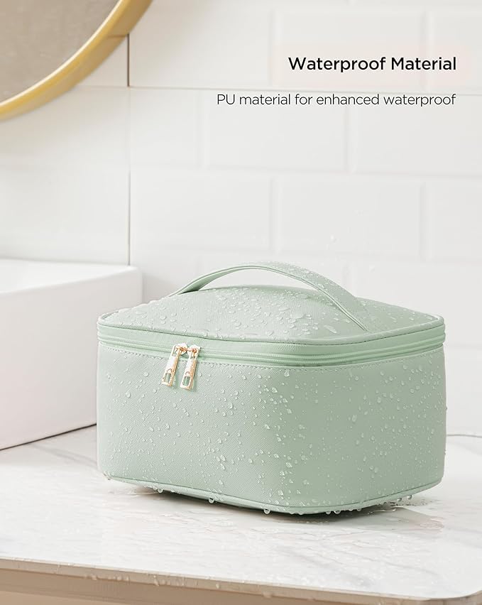 Makeup Bag for Women Large Travel Makeup Bag Organizer Portable Toiletry Bag Cute Makeup Bags Waterproof Leather Cosmetic Bag Makeup Case with Removable Dividers, Green