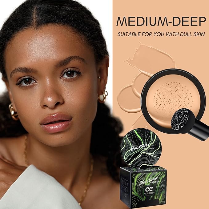 Mushroom Head Air Cushion CC Cream - BB Cream Foundation Makeup Moisturizing Concealer Long-Lasting, Cushion Foundation Full Coverage Self Adjusting for Mature Skin & All Skin Types （Medium Deep)