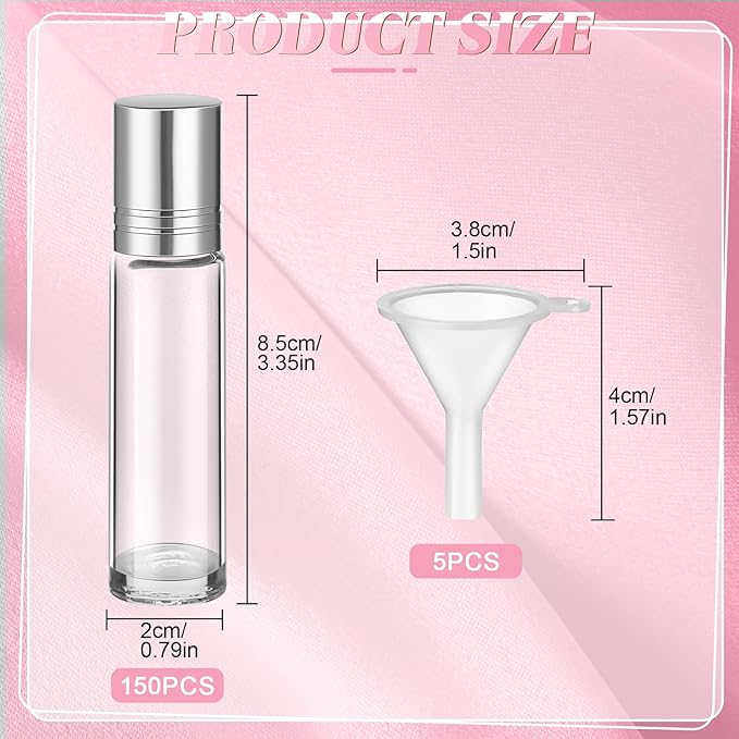 Sumind 150 Pcs Essential Oil Roller Bottles 10 ml Glass Empty Roll on Bottles with Stainless Steel Balls Leak Proof with 5 Funnel for Travel Essential Oil(Silver)