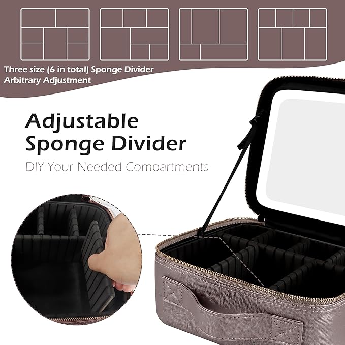 MOMIRA Travel Makeup Bag Cosmetic Bag Makeup Organizer Bag with Lighted Mirror, Adjustable Brightness in 3 Color Scenarios, Waterproof Makeup Train Case, Gift for Women - Pearl Light Gray