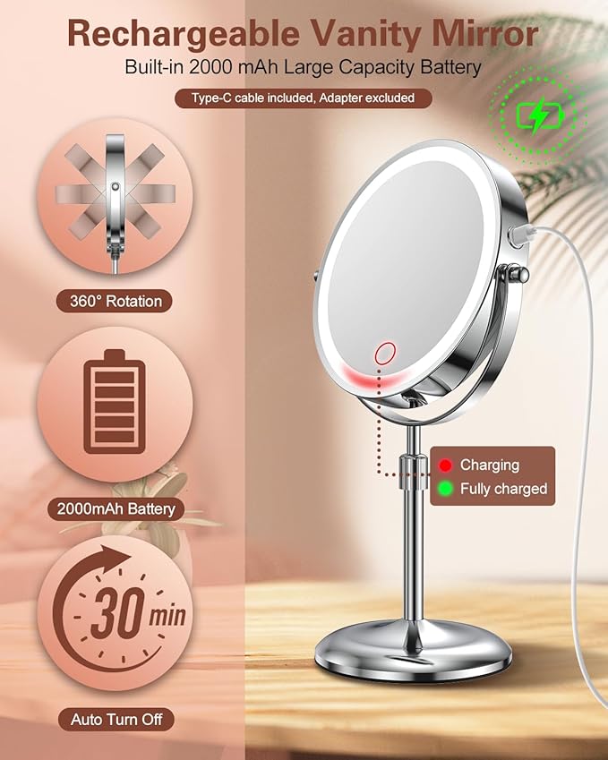Benbilry Lighted Makeup Mirror with 10X Magnification & 3 Color Lights, Adjustable Brightness & Height, 7 Inch 360° Swivel Rechargeable LED Magnifying Make Up Mirror with Lighting (Silver)