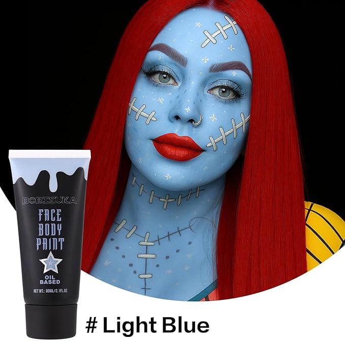 Light Blue Face Body Paint, Oil-based Face Painting Kit for Kids Adlut, Facepaint for Halloween Dead Bride Ice Queen Costume, Cosplay, Parties, Stage, Theater, SFX Special Effect Makeup（2.1 Fl.oz）