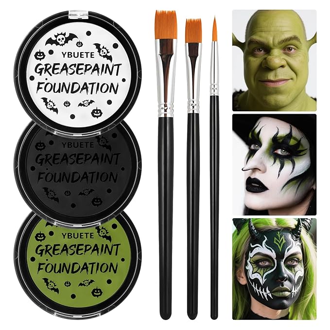 Ogre Green White Black Oil Based Face Paint Kit with Painting Brushes, Professional Greasepaint Halloween Face Painting Kit for Adult Cosplay Shrek Hulk Witch Grinch Carnival & Costume Party