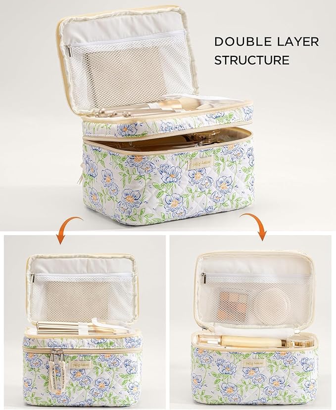 HBselect 2Pcs Travel Makeup Bag, Large Cotton Quilted Makeup Bag Cosmetic Bag Cute Make up Bag Toiletry Bags for Women Girls