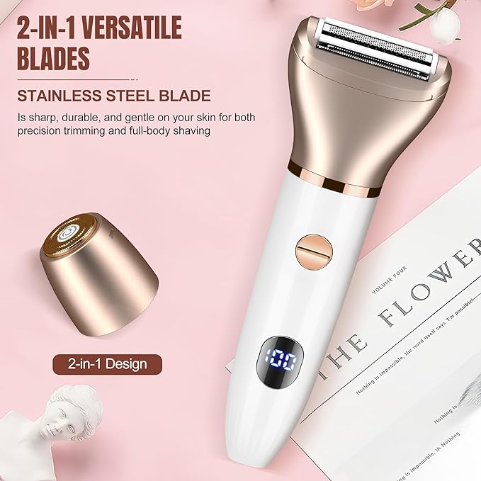 Karrte 2-in-1 Women Electric Shaver Dual Head Bikini Trimmer, Razors for Shaving Pubic Hair, Wet and Dry Cordless Painless Hair Removal for Private Area White