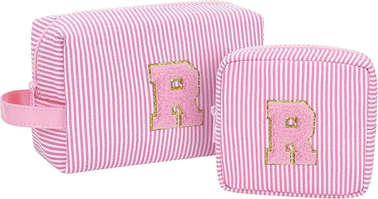 Initial Makeup Bag - Personalized Monogram Cute Makeup Bags,Make Up Case for Women Her Best Friend Friendship Sister Teacher,Birthday Gifts for Women,Girls Makeup Toiletry Bag Pouch,2PCS,Pink R