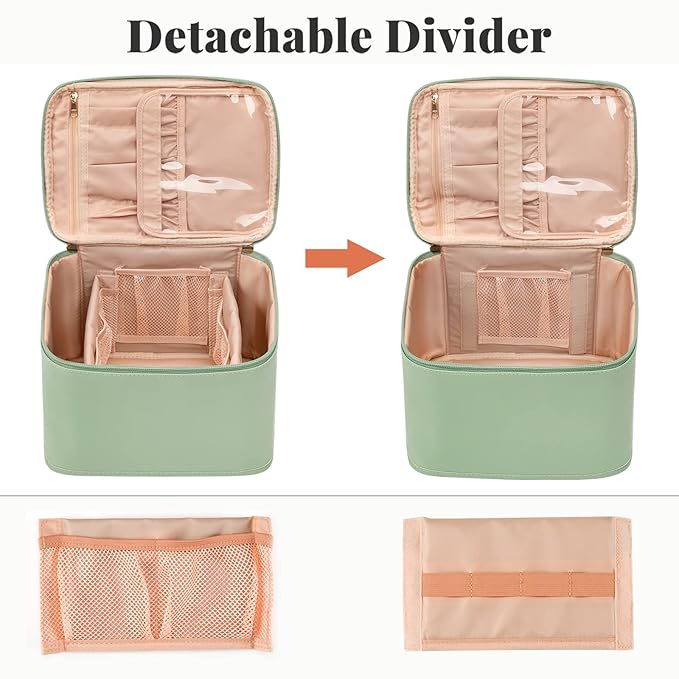 OCHEAL Makeup Bag, Portable Cosmetic Bag, Large Capacity Travel Case Organizer, Black Makeup Bags For Women Toiletry Bag for Girls Traveling With Handle and Divider-Light Green Large