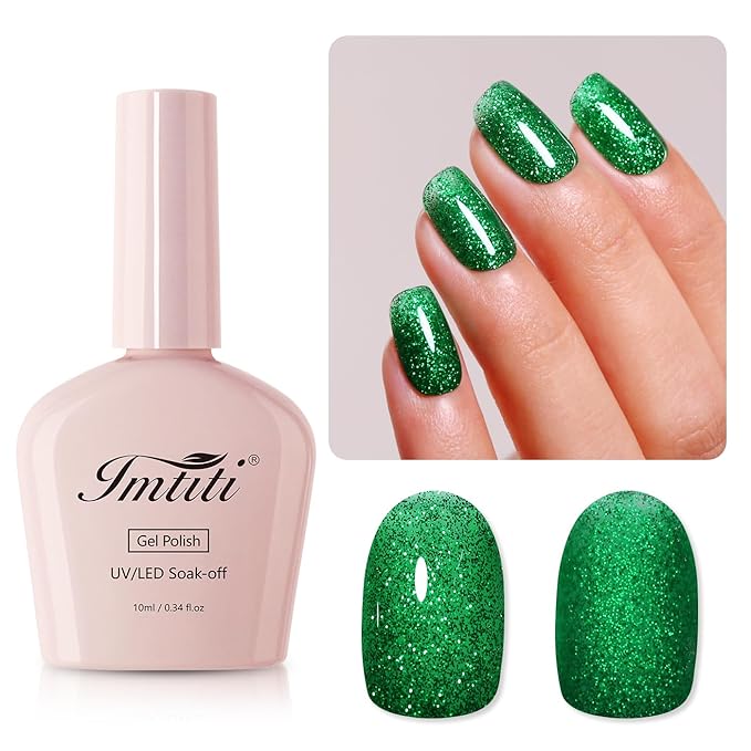 Imtiti Glitter Gel Nail Polish, Green Glitter Gel Polish Soak Off LED U V Shimmer Sparkle Christmas Green Nail Gel Polish Fall Winter DIY Nail Art Starter Manicure Salon 10ML