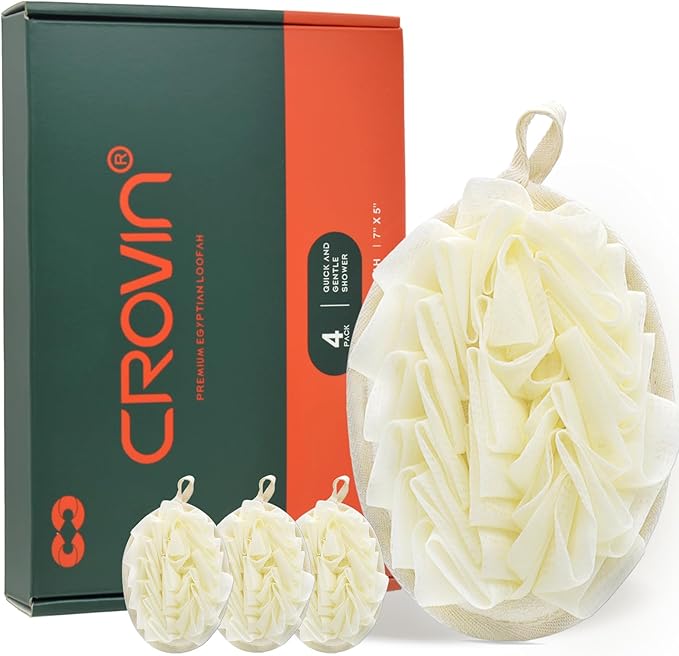 Shower Puff 4 Pack Bath Sponge Shower Loofahs Pouf Large 7x5 Premium Exfoliating Mesh Puffs for Women and Men-Elastic Hand Strap Body Brush to Soothe, Cleanse Your Skin