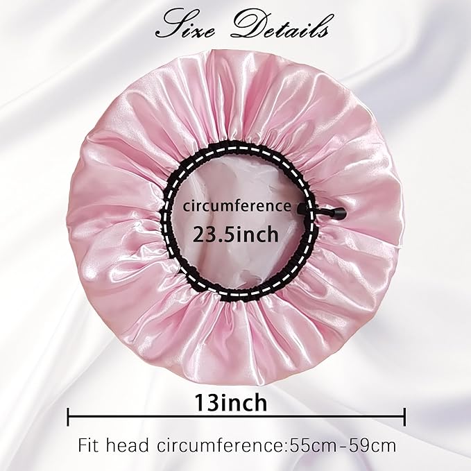 Shower Cap for Women, Large Shower Caps Reusable Waterproof with Elastic Band, Silky Satin Double-layer Bath Cap for Braids Long Hair