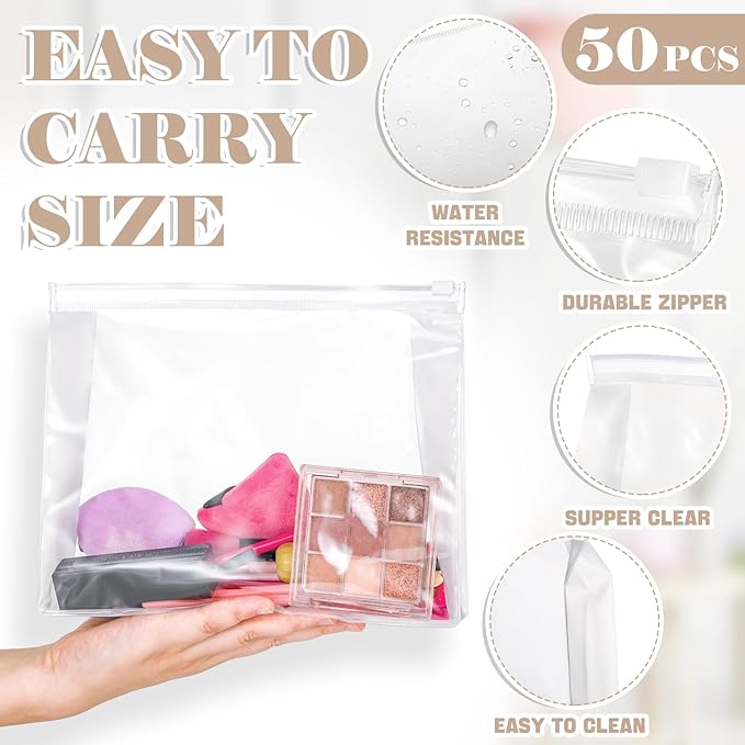 Xuniea 50 Pcs Mini Clear Makeup Bag Small Clear Zipper Pouch Travel Plastic Cosmetic Organizer Waterproof for Toiletries Swimsuit Bikini Bathing Suit(9.8'',7.9'',5.9'',Transparent)
