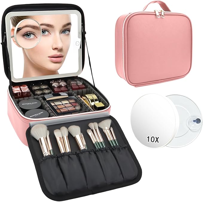 Travel Makeup Bag with LED Mirror and 10x magnifying glass with 3 Lighted Settings, Adjustable Dividers and Makeup Brush Storage Bag Pink