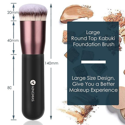 KINGMAS Round Top Foundation Brush, Premium Kabuki Makeup Brush for Liquid, Blending, Cream, Powder,Blush Buffing Stippling Face Makeup Tools (Black, B (Round Top))