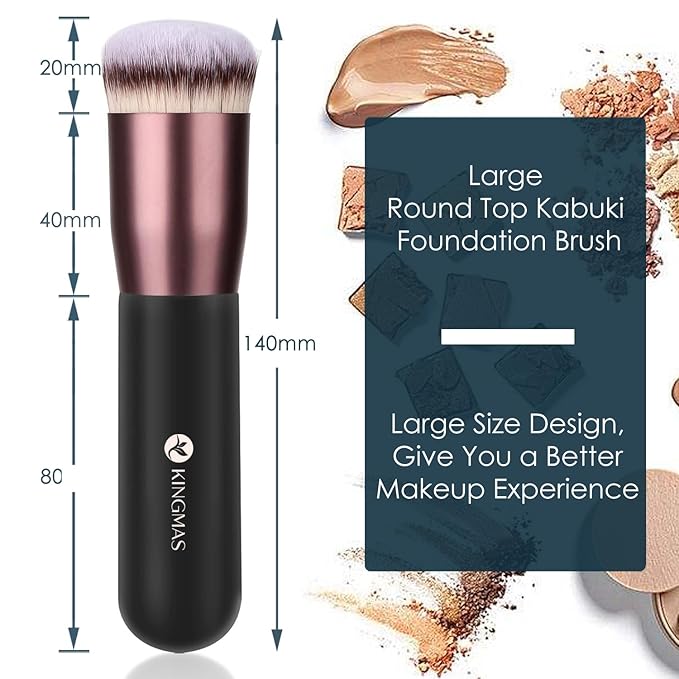 KINGMAS Round Top Foundation Brush, Premium Kabuki Makeup Brush for Liquid, Blending, Cream, Powder,Blush Buffing Stippling Face Makeup Tools (Black, B (Round Top))