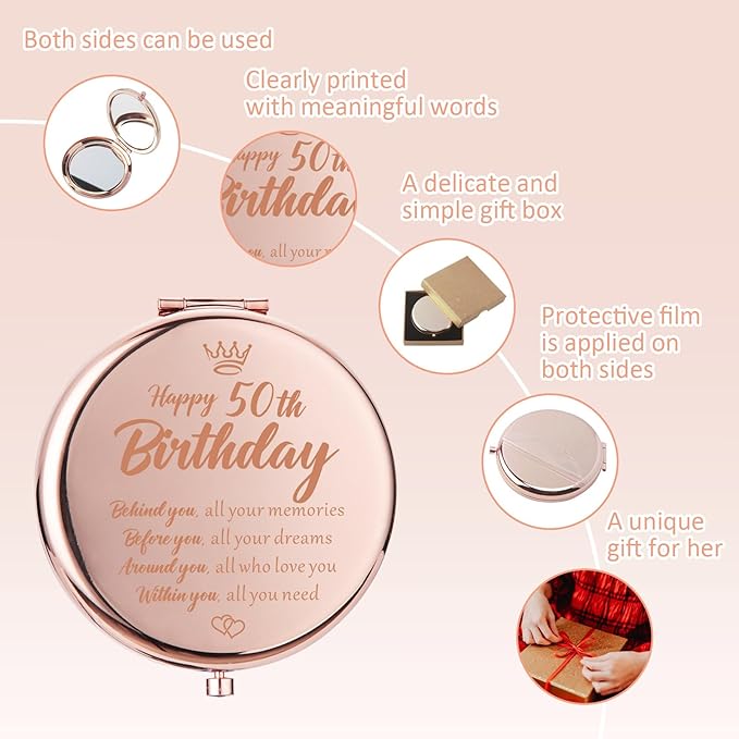 50th Birthday Gifts for Her, 50th Birthday Gifts Rose Gold Compact Mirror for Purses, Inspirational Gifts Happy 50th Birthday Gifts for Women Mom Wife Aunt Travel Makeup Mirror