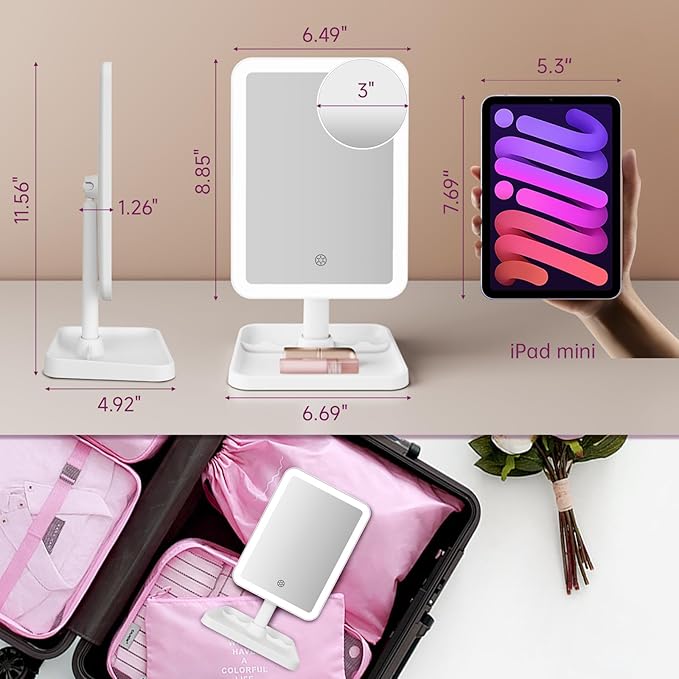 FUNTOUCH Rechargeable Lighted Mirrors for Makeup, 2000mAh, 10X Magnification/3 Color Lighting Portable Tabletop Cosmetic Make Up Mirror, 360° Rotation Led Light up Mirrors with Storage,White