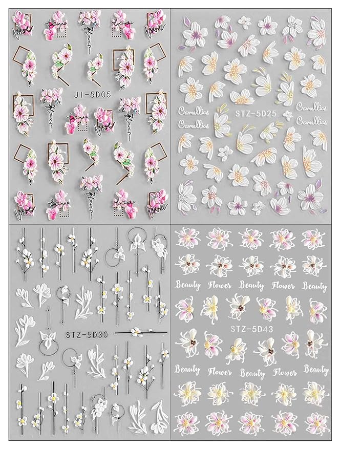 3D Embossed Flower Nail Art Stickers Decals Self-Adhesive Pegatinas Uñas 5D Floral Nail Supplies Nail Art Design Decoration Accessories 4 Sheets