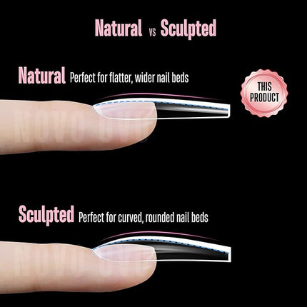 NOVO OVO Long Coffin Nail Tips NATURAL (Not SCULPTED) for Flat Nail Beds, Extra Thick L Length False Nails Press on, Full Cover Soft Gel Fake Nail Extension, Salon DIY x 15 Sizes 450 pcs