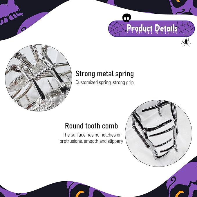 2 Pcs Halloween Hair Claw Clips for Women, Terror Spider Hair Clips, Black & Silver Metal Non-Slip Claw Clips, Gothic Large Hair Claw, Halloween Hair Accessories for Hair Styling, Decorations