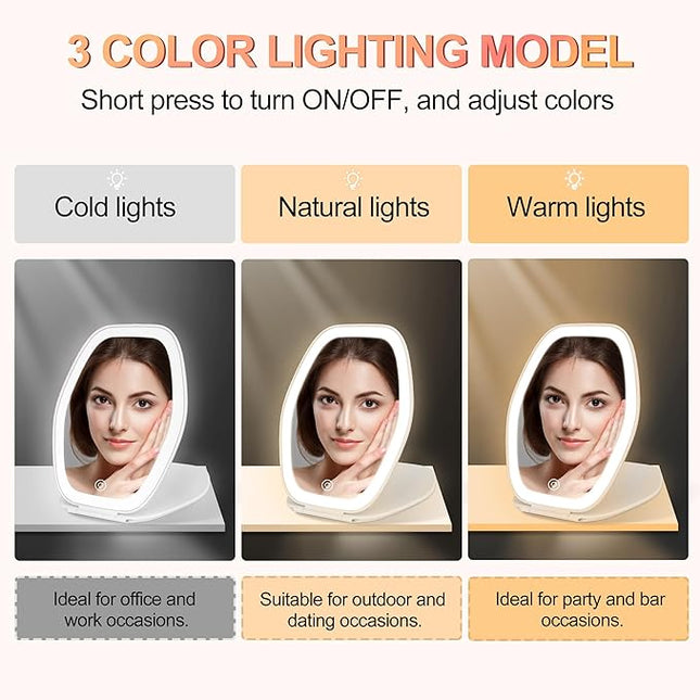 Travel Makeup Mirror with Light: 3 Color Lighting Portable Mirror with Touch Screen Rechargeable Adjustable LED Lights Hexagon Vanity Mirror for Travel, Desk, Home (White)