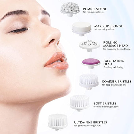 COSLUS Facial Cleansing Brush Silicone Face Scrubber: 7 in 1 FBS-D Electric Exfoliating Rotating Massage Device Waterproof Deep Cleaning Exfoliation Spa Machine - Electronic Skin Care Wash System