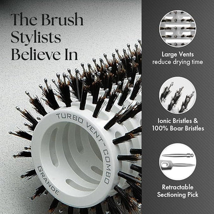 Olivia Garden Ceramic + Ion Turbo Vent Combo Hair Brush - Not Electrical - Ionic and 100% Boar Bristles - Professional Round Blowout Brush for Normal to Thick Hair
