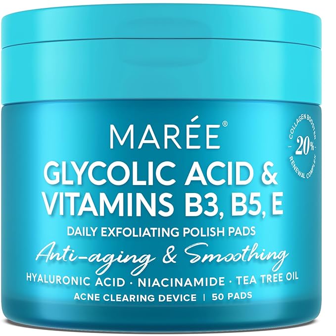 MAREE Glycolic Acid Pads - Toner Pads for Face Cleansing - Exfoliating Pad with Tea Tree Oil, Salicylic Acid & Vitamins E, B3, B5 - Acne Clearing, Skin Pore Resurfacing & Radiance Device - 50 Count