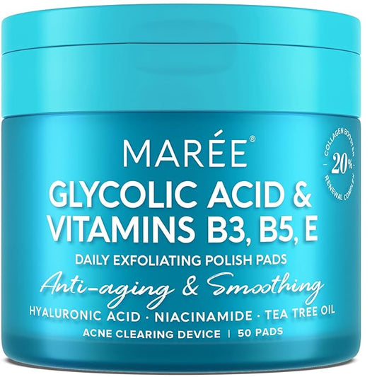 MAREE Glycolic Acid Pads - Toner Pads for Face Cleansing - Exfoliating Pad with Tea Tree Oil, Salicylic Acid & Vitamins E, B3, B5 - Acne Clearing, Skin Pore Resurfacing & Radiance Device - 50 Count
