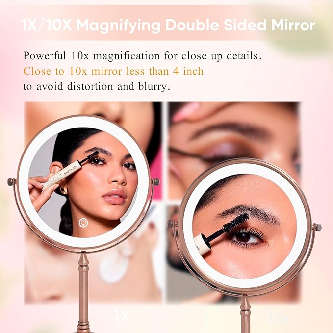 Nicesail Desk Mirror with Light 1X/10X Magnifying with 3 Color Dimmable Lights Desk Mirror, Cordless 360 Rotation 4000mAh Rechargeable, Double Sided Mirror for Desk, 8 Inch Standing Brushed Rose Gold