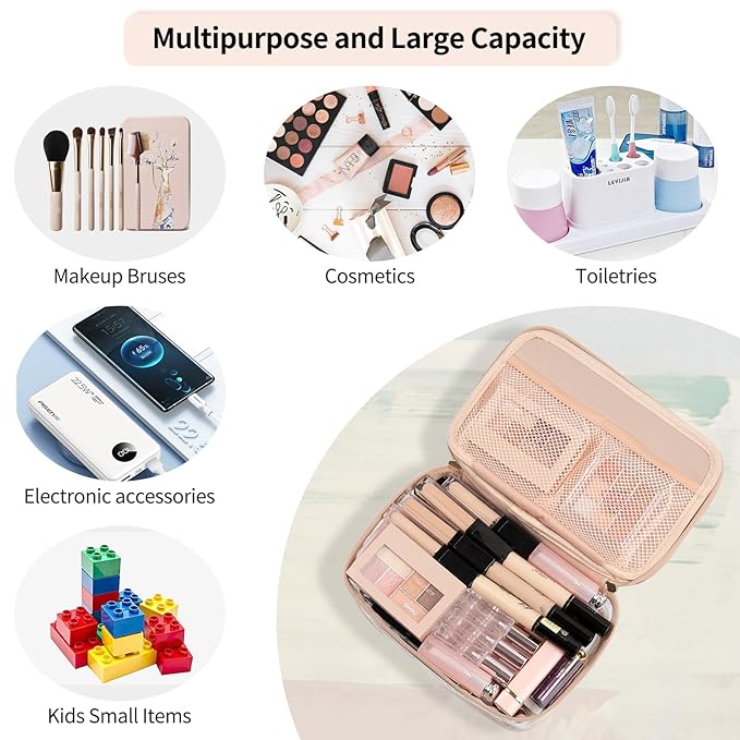 OCHEAL Clear Makeup Bag, Portable Makeup Organizer Cosmetic Bag, Large Travel Makeup Bag Cute Clear Pouch For Women and Girls Cosmetics Bags with Divider Makeup Brush Compartment-Rose Gold