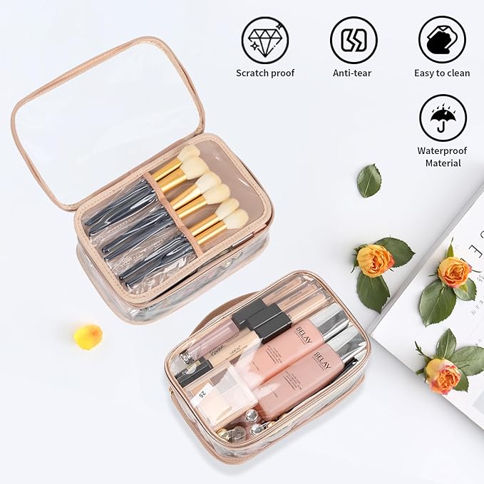 OCHEAL Clear Makeup Bag, Portable Makeup Organizer Cosmetic Bag, Large Travel Makeup Bag Cute Clear Pouch For Women and Girls Cosmetics Bags with Divider Makeup Brush Compartment-Rose Gold
