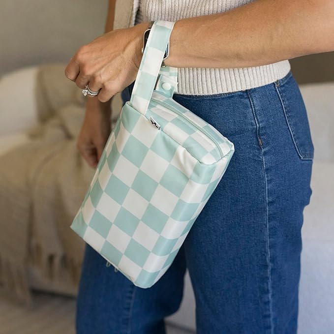 Tiny Twinkle Portable Waterproof Makeup Bag | Travel-Friendly Cosmetic Organizer with Convenient Carry Handle | Spacious Interior, and Secure Zipper Closure (Sage Checkers)