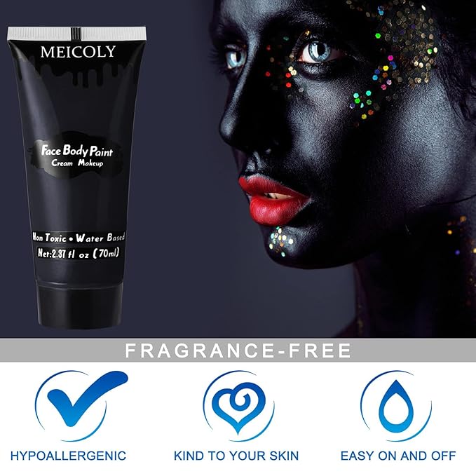 MEICOLY Black Cream Face Body Paint, 2.37Oz Large Tube Water Based Clown Black Makeup,Body Paint for Adults and Kids,Halloween SFX Skull Joker Zombie Vampire Skeleton Goth Spider Cosplay Makeup