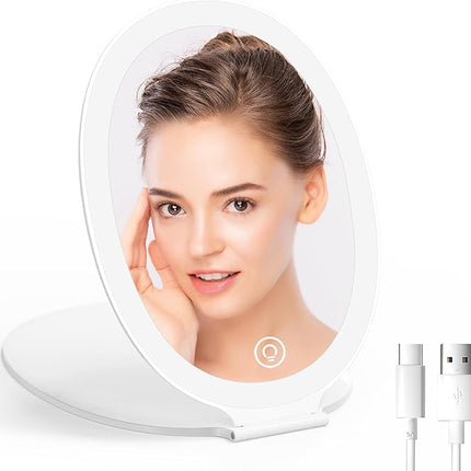 Travel Makeup Mirror with Light: 3 Color Lighting Portable Mirror with Touch Screen Rechargeable Adjustable LED Lights Hexagon Vanity Mirror for Travel, Desk, Home (Round White)