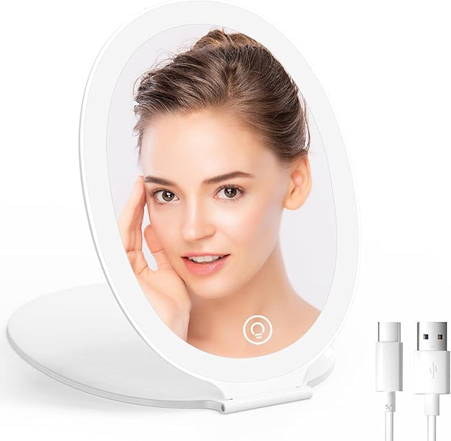 Travel Makeup Mirror with Light: 3 Color Lighting Portable Mirror with Touch Screen Rechargeable Adjustable LED Lights Hexagon Vanity Mirror for Travel, Desk, Home (Round White)