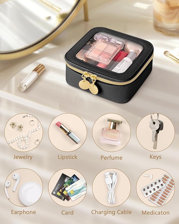 Clear Makeup Bag, Portable Travel Cosmetic Bags, Multipurpose Leather Toiletry Bag with Zipper, Waterproof Transparent Cosmetic Organizer for Women, Mini, Black