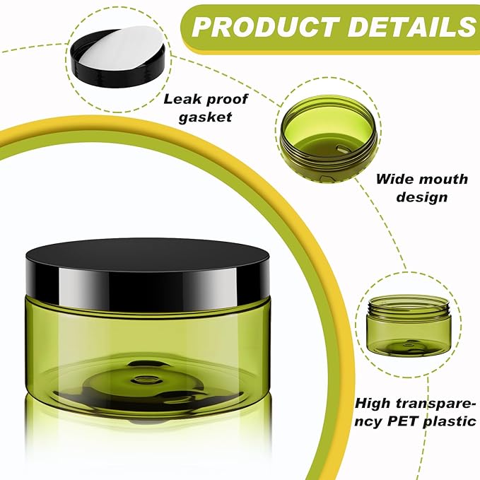 Dandat 24 Pcs 8 oz Plastic Jar Container with Lid and Label Refillable Empty Round Green PET Cosmetic Sample Containers for Lotion, Cream, Ointments, Body Butter, Makeup, Travel Storage