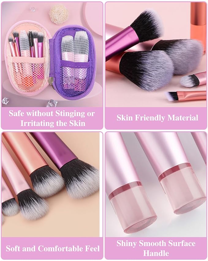 Mini Travel Makeup Brushes Set, 14 Pieces, Portable Full Complete Function Cosmetic Kit with Brush Pouch, On the Go Short Makeup Brush Small Travel Essentials for Women, Girls (Colorful)