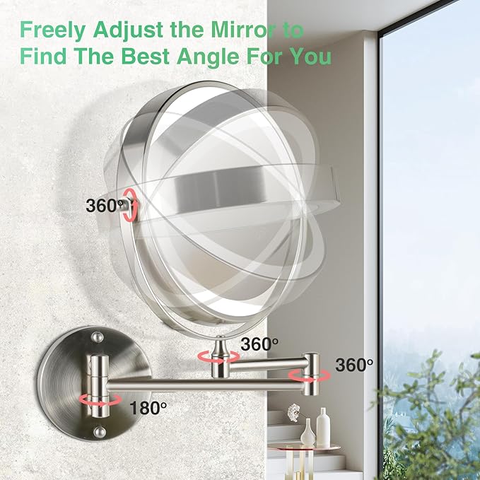 30X/1X Wall Mounted Makeup Mirror with Light: 8.5 Inch Double-Sided, 3 Color Modes, USB-C Rechargeable, 360° Swivel, Brushed Nickel