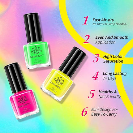 Born Pretty Neon Nail Polish Set, 15 Colors Spring Summer Nail Polish Quick Dry Nail Polish Kit Hot Pink Yellow Green Blue Neon Nail Lacquer Manicure Set for DIY Nail Art Salon Home Gift