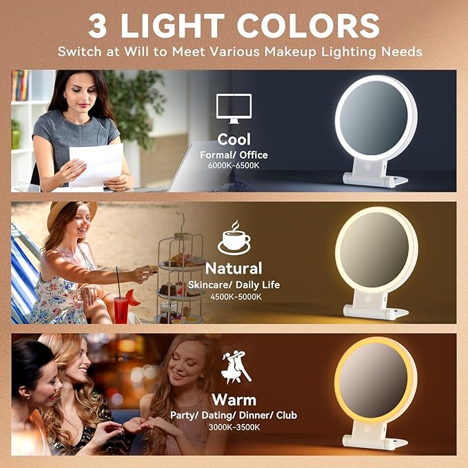 1X/30X Magnifying Mirror with Light, Double Sided Makeup Mirror with Adjustable 3 Color Light, 2000mAh Rechargeable Lighted Magnifying Mirrors with Tweezer, Foldable Travel Mirror with Rotation