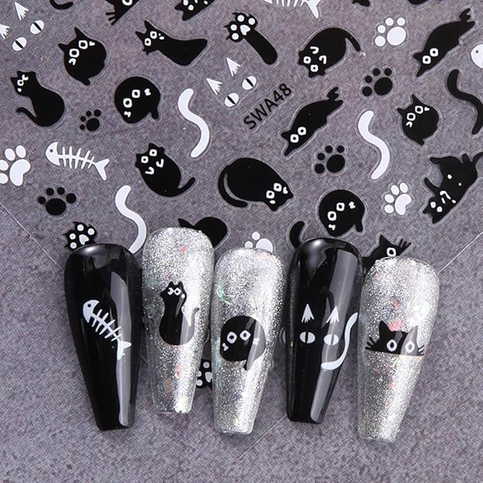 Cat Nail Sticker Black Animal Nail Decals 4Pcs Self-Adhesive 3D Cute Stickers Kawaii Cartoon Animal Self-Adhesive Nail Decals Black Nail Stickers for Nail Art Supplies for Women Nail Art Decorations